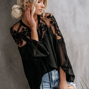 New Sheer Floral Embroidered Peasant Top Blouse Black